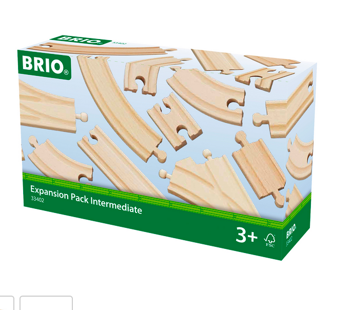 Box of wooden train track pieces called "BRIO World Expansion Pack Intermediate" by Brio, suitable for ages 3 and up, ideal for expanding your BRIO World railway adventures.