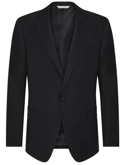 The Samuelsohn Garner Classic Fit Tuxedo is a black suit jacket made from Super 150's fabric, featuring a single button and notched lapels—perfect for a formal occasion.