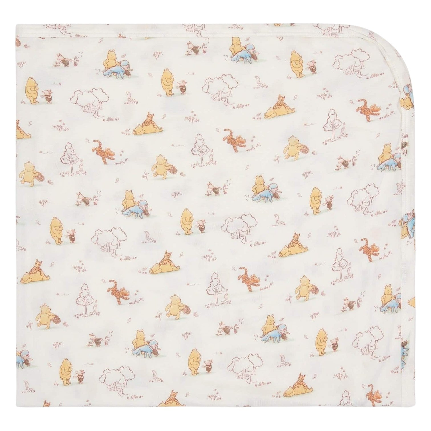 The Magnetic Me Moments With Friends Baby Blanket features a soft white fabric decorated with pastel Winnie the Pooh patterns—an adorable, cozy addition to any nursery and a treasured keepsake.
