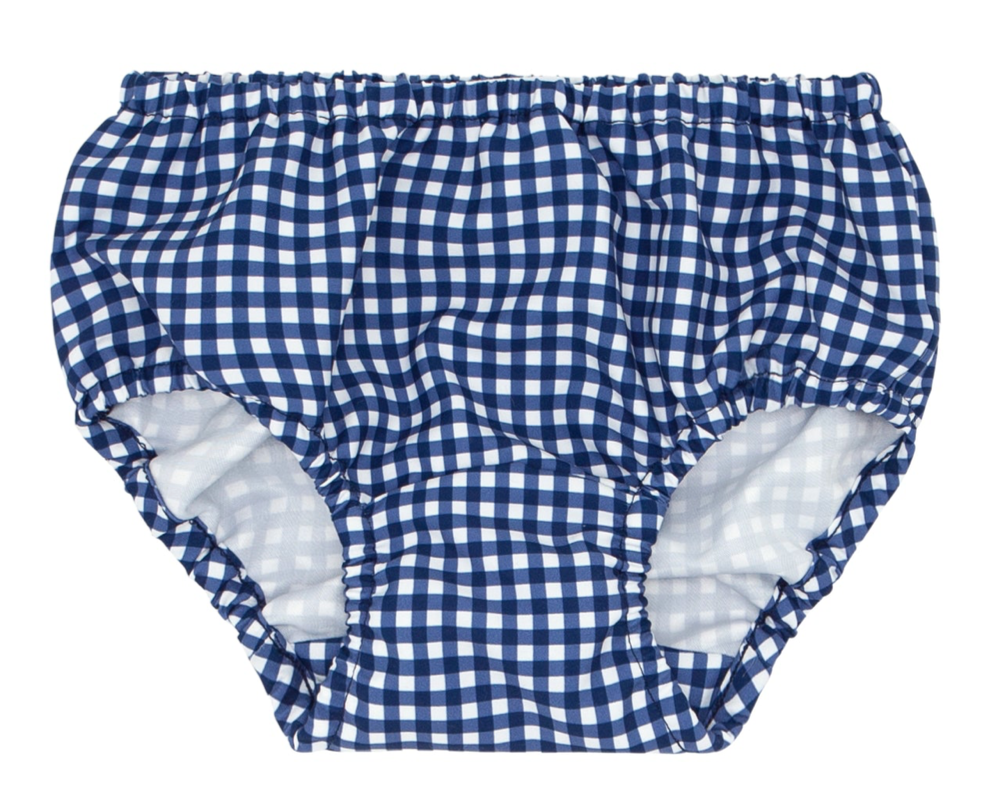 The Minnow Diaper Bloomer Cover by Minnow is a pair of blue and white checkered baby bloomers offering UPF 50+ protection. They feature an elasticated waistband and leg openings, making them perfect as diaper covers.