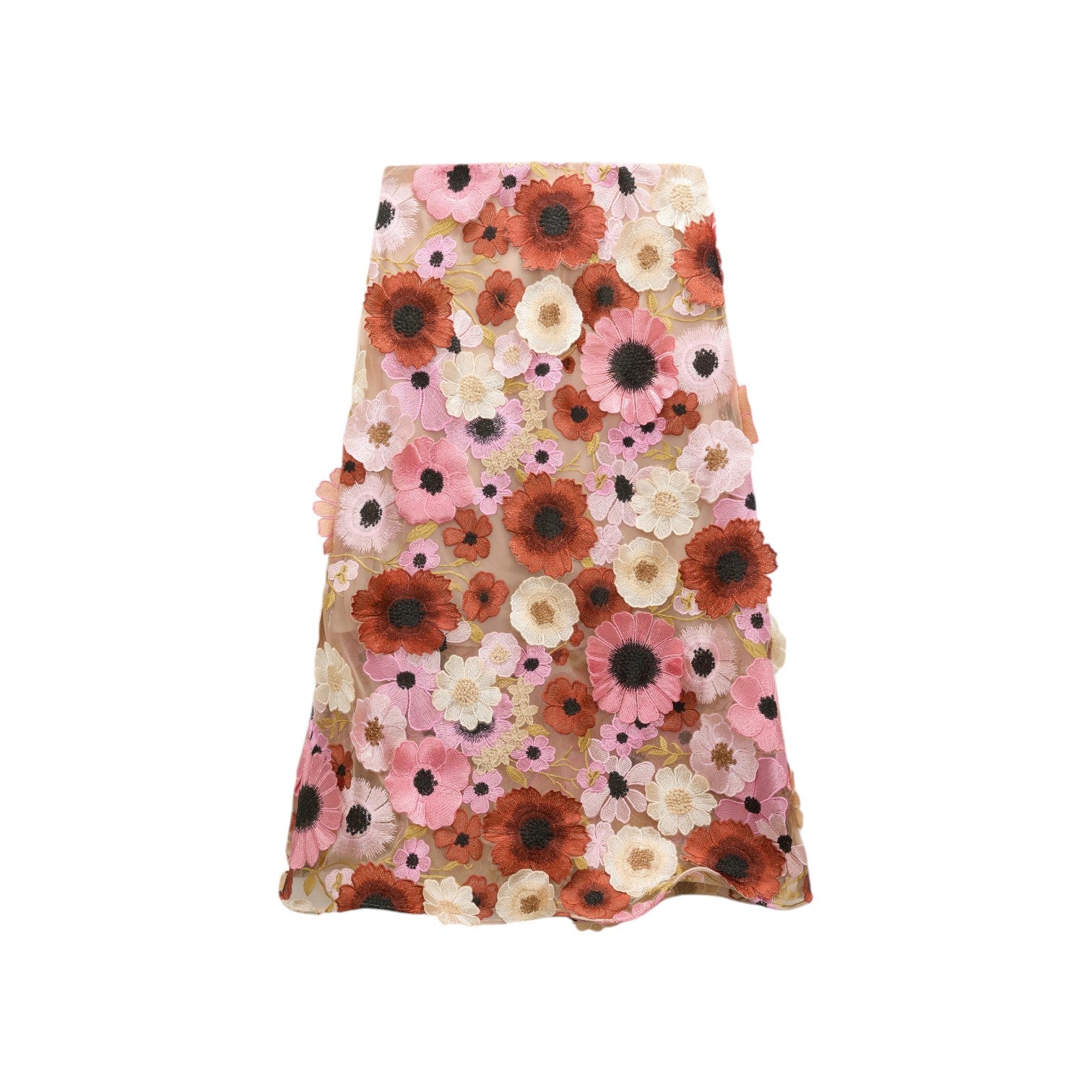 The Blooming Meadow Skirt by Dorothee Schumacher is a knee-length A-line midi with red, pink, and white floral 3D embroidery on sheer beige fabric for a couture-inspired look.