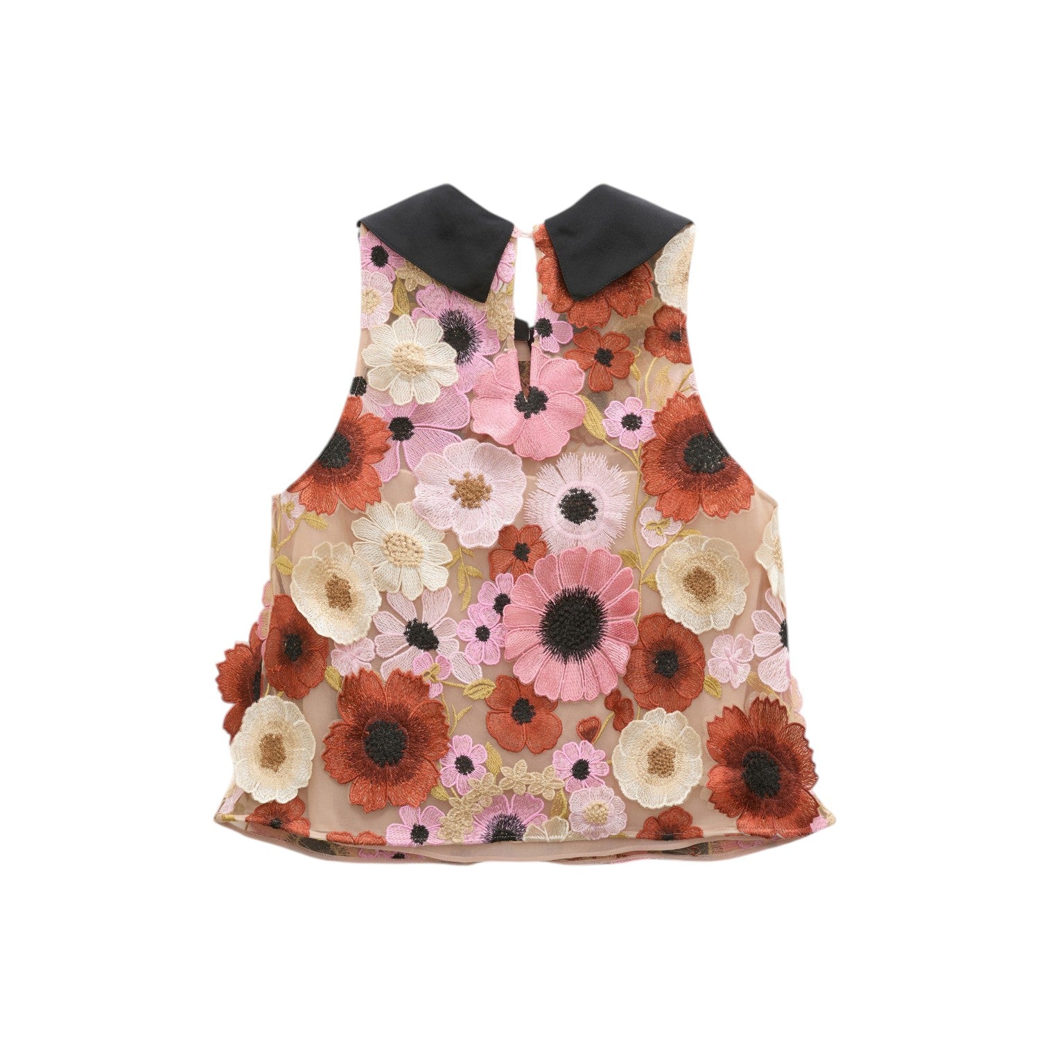 The Blooming Meadow Top by Dorothee Schumacher is a sleeveless couture A-line top with a black collar, beige mesh fabric, and 3D embroidered red, pink, and white floral patterns.