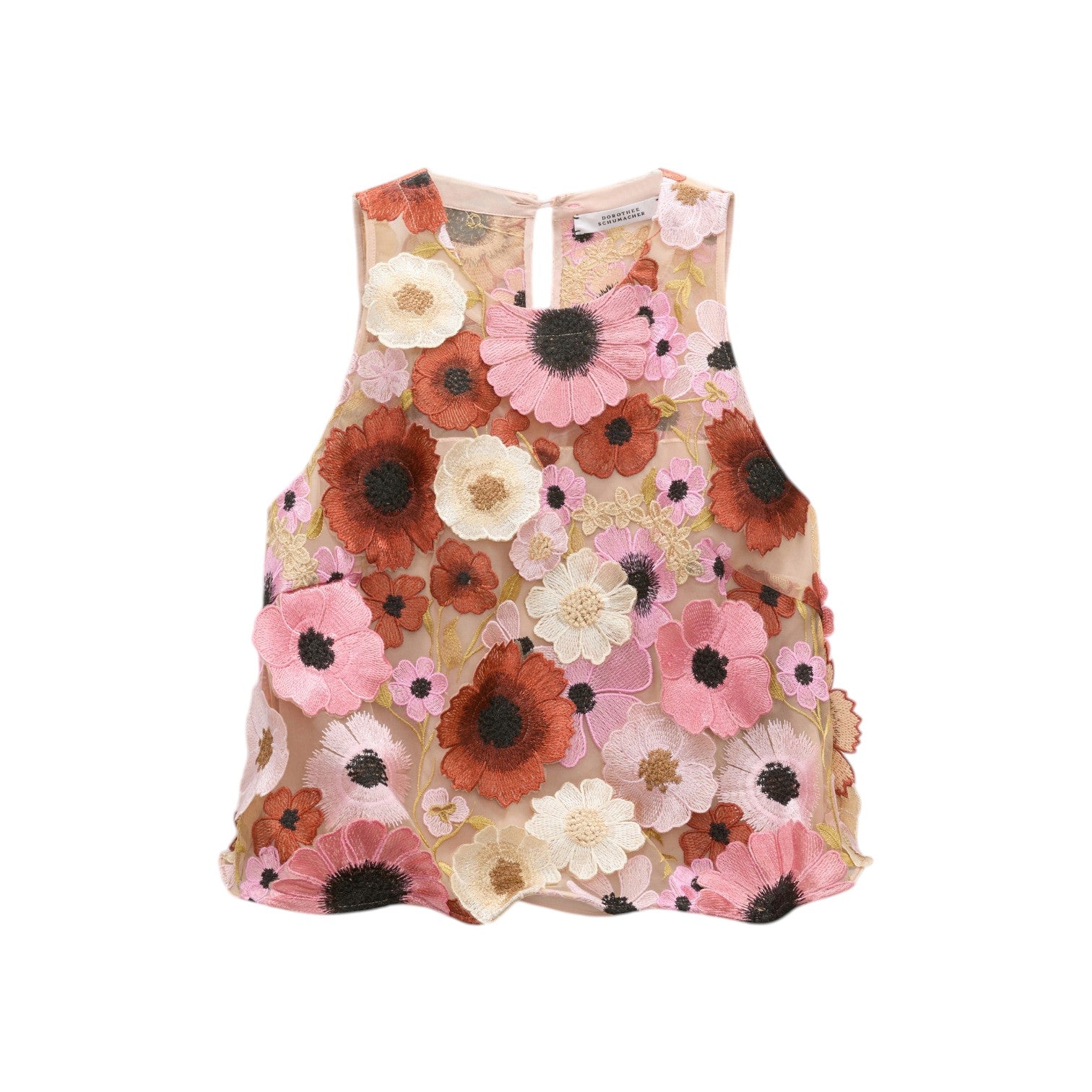 The Blooming Meadow Top by Dorothee Schumacher is a sleeveless couture A-line design featuring sheer silk crêpe de chine and bold 3D floral embroidery in pink, red, white, and black.