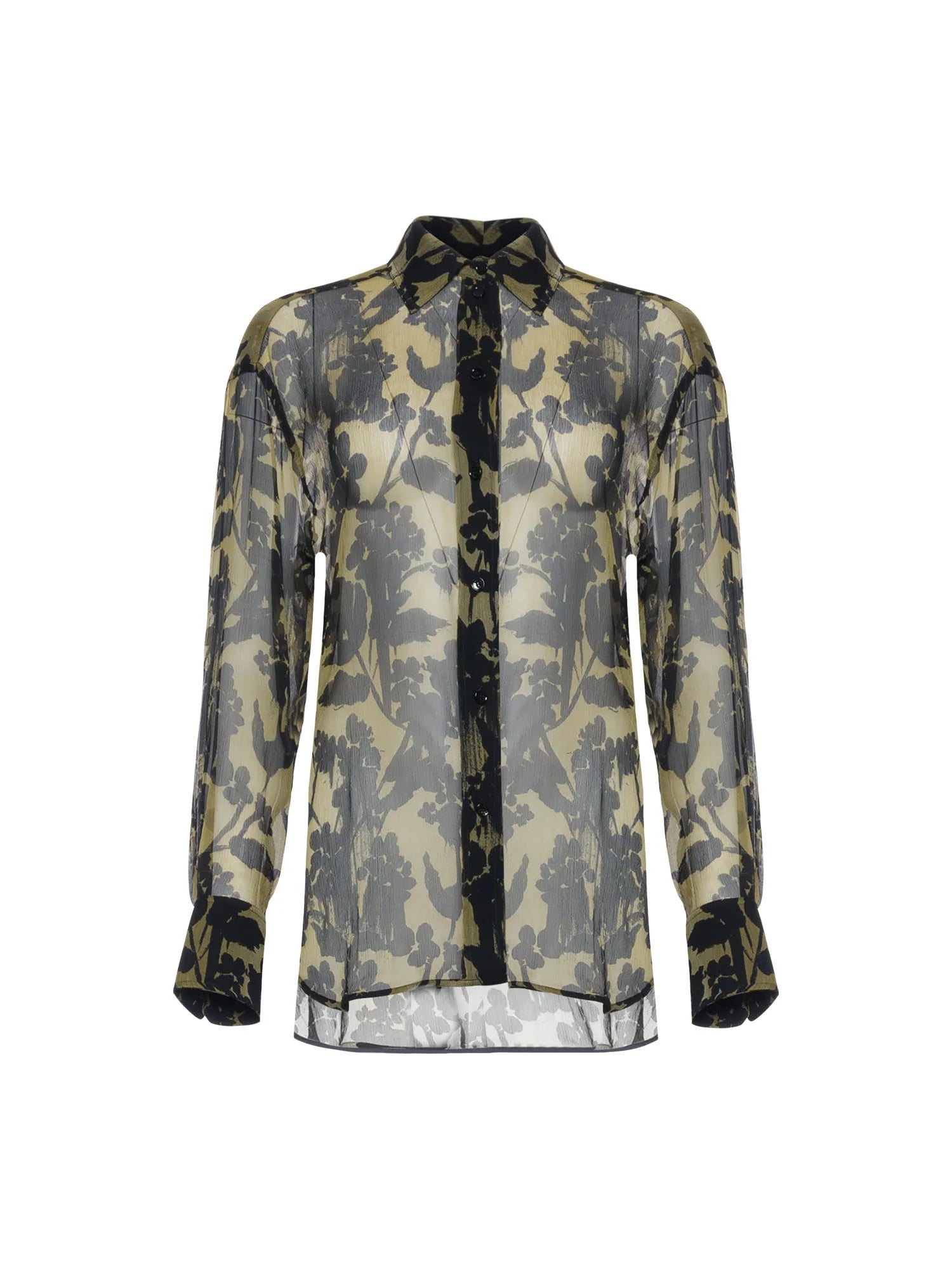 The Victoria Beckham Pyjama Shirt features sheer long sleeves, a black and olive green floral print, a black collar, and button placket, all crafted with premium construction for a polished look.