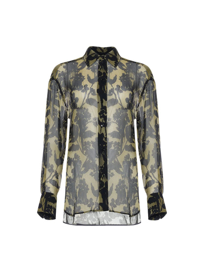 The Victoria Beckham Pyjama Shirt features sheer long sleeves, a black and olive green floral print, a black collar, and button placket, all crafted with premium construction for a polished look.