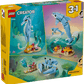 The LEGO® Creator 3-in-1 Sea Animals: Beautiful Dolphins building set by Legos - Toyhouse features sea creatures—a seahorse, a dolphin with its baby, and a crab with a jellyfish—in an underwater theme.