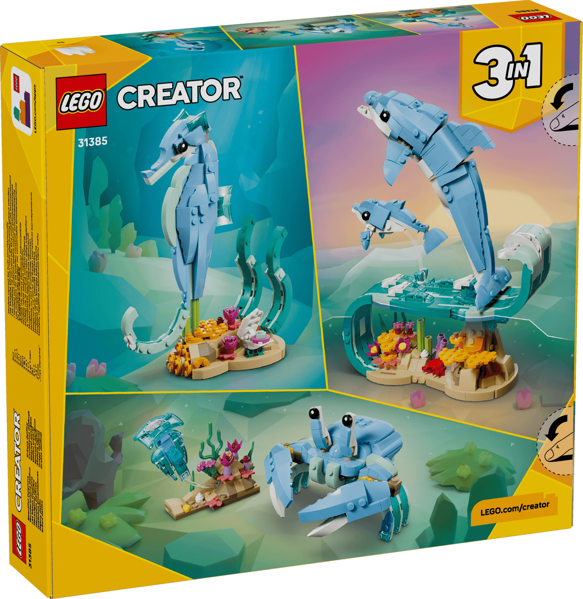 The LEGO® Creator 3-in-1 Sea Animals: Beautiful Dolphins building set by Legos - Toyhouse features sea creatures—a seahorse, a dolphin with its baby, and a crab with a jellyfish—in an underwater theme.