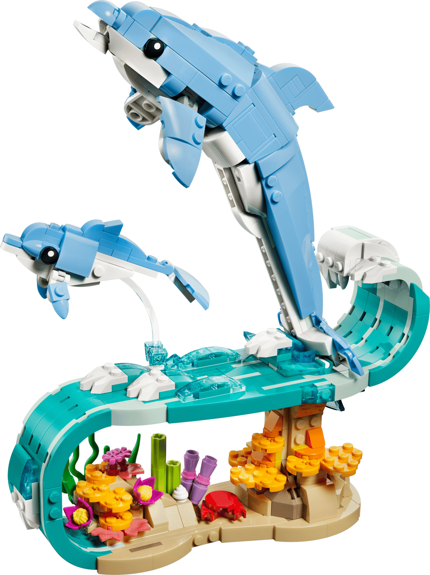 Two LEGO® sea animal figures—a large and a small dolphin—leap over a wave above a coral reef, all built with the Legos - Toyhouse LEGO® Creator 3-in-1 Sea Animals: Beautiful Dolphins set.