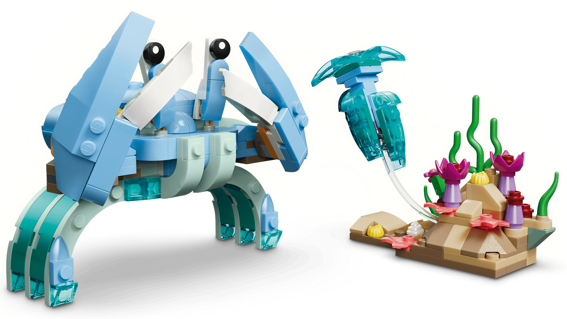 The LEGO® Creator 3-in-1 Sea Animals: Beautiful Dolphins set from Legos - Toyhouse features a colorful crab and clear blue fish next to an underwater scene with seaweed, flowers, starfish, seashells, and sea animal figures.