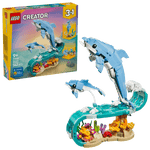Explore the LEGO® Creator 3-in-1 Sea Animals: Beautiful Dolphins set by Legos - Toyhouse, featuring two dolphin figures above a colorful coral reef, with the vibrant product box shown in the background.