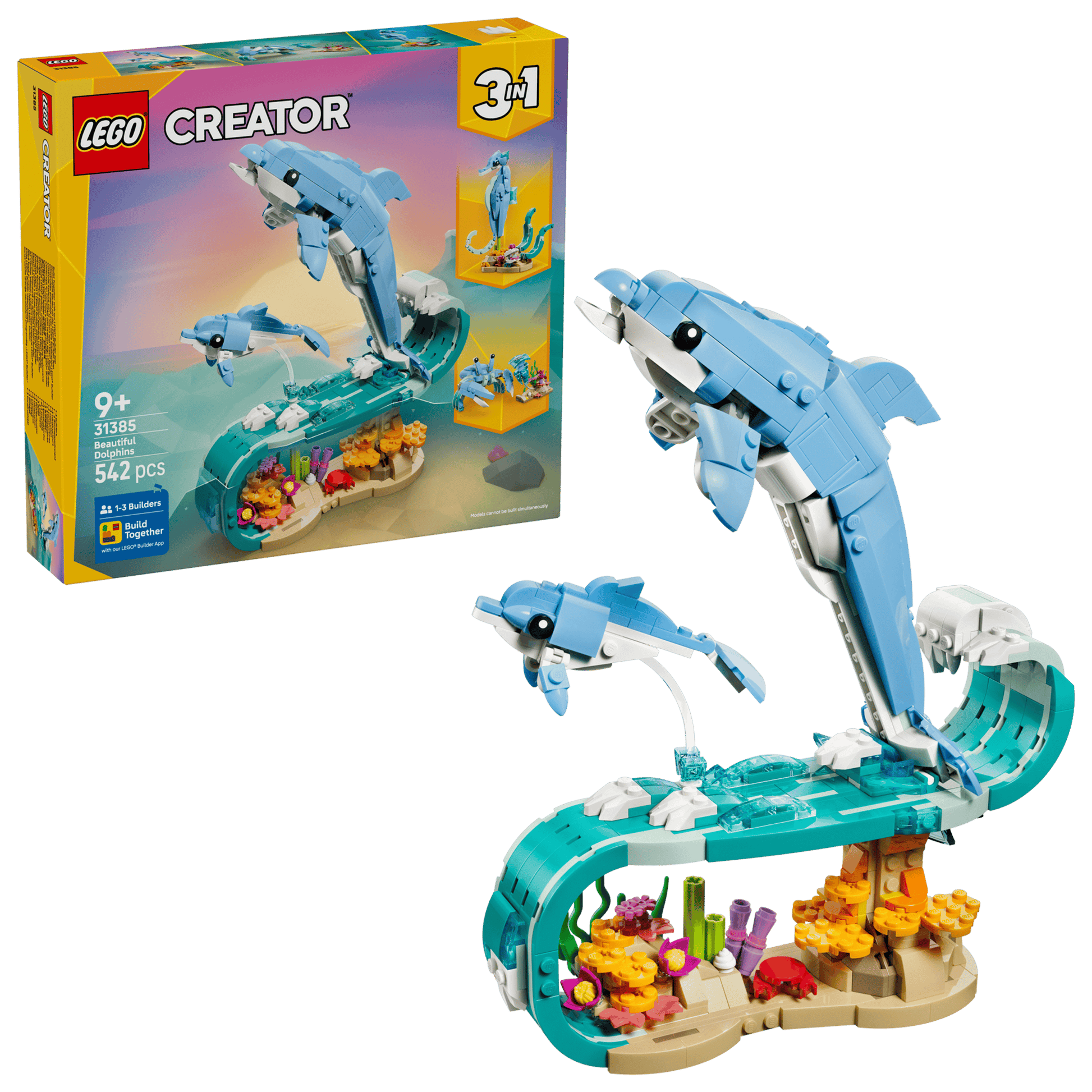 Explore the LEGO® Creator 3-in-1 Sea Animals: Beautiful Dolphins set by Legos - Toyhouse, featuring two dolphin figures above a colorful coral reef, with the vibrant product box shown in the background.
