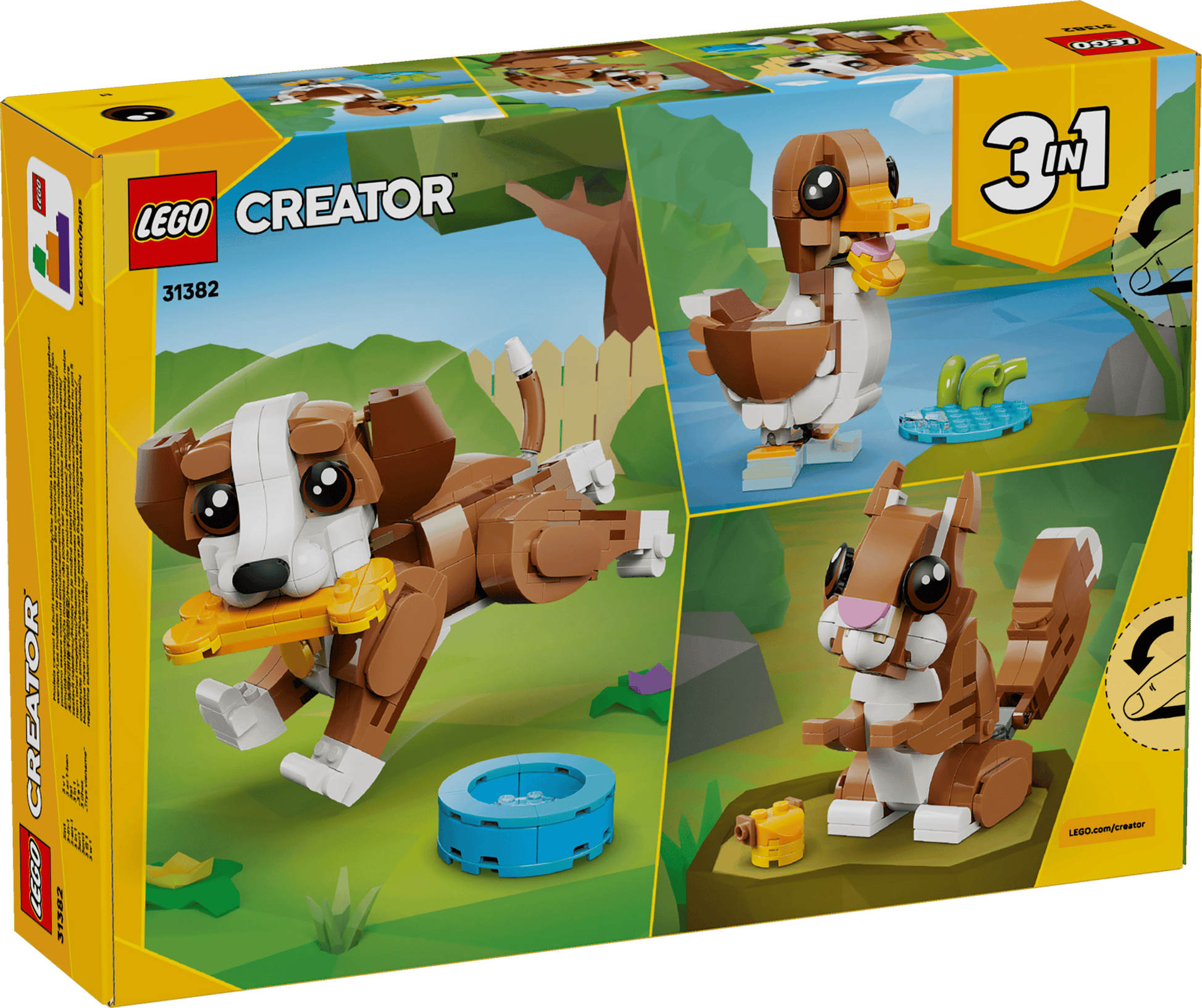 The LEGO® Creator 3-in-1 Cute Animals: Playful Puppy Dog by Legos - Toyhouse lets kids build a playful dog with frisbee, a bird by water, or a squirrel with an acorn in one fun set.