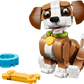 The LEGO® Creator 3-in-1 Cute Animals: Playful Puppy Dog by Legos - Toyhouse features a brown and white dog with a green collar, plus a blue bowl and yellow bone-shaped piece for creative building fun.