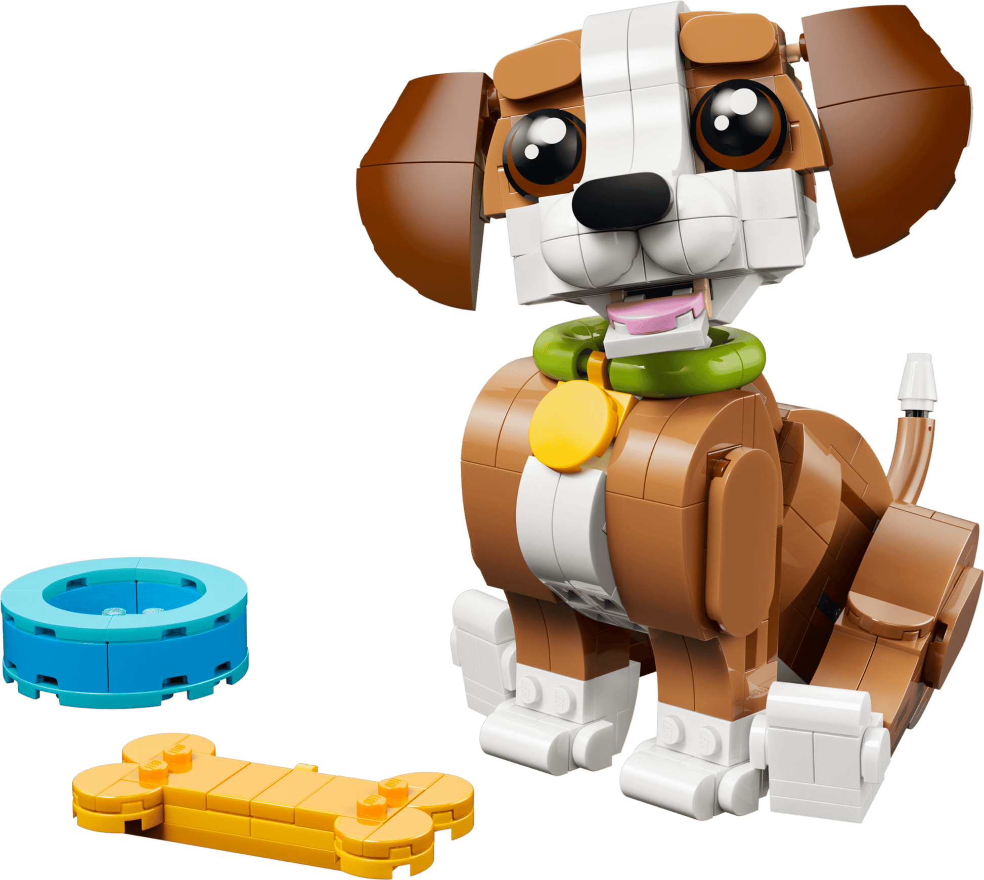 The LEGO® Creator 3-in-1 Cute Animals: Playful Puppy Dog by Legos - Toyhouse features a brown and white dog with a green collar, plus a blue bowl and yellow bone-shaped piece for creative building fun.