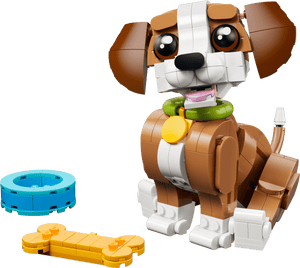 The LEGO® Creator 3-in-1 Cute Animals: Playful Puppy Dog by Legos - Toyhouse features a brown and white dog with a green collar, plus a blue bowl and yellow bone-shaped piece for creative building fun.