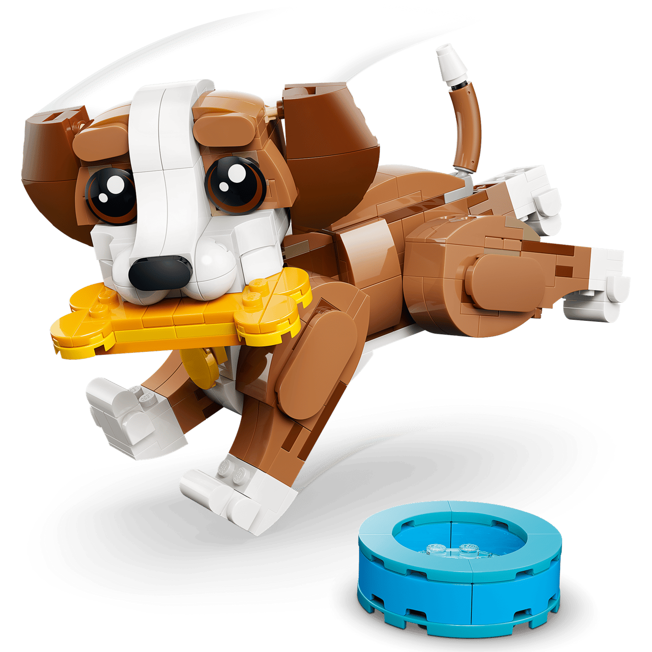 The Legos - Toyhouse LEGO® Creator 3-in-1 Cute Animals: Playful Puppy Dog set features a brown and white dog with a yellow bone and blue dish, perfect for endless creative animal play.