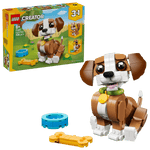 The Legos - Toyhouse LEGO® Creator 3-in-1 Cute Animals: Playful Puppy Dog set includes a brown and white dog toy, yellow bone, blue bowl, and packaging that shows alternate build options.