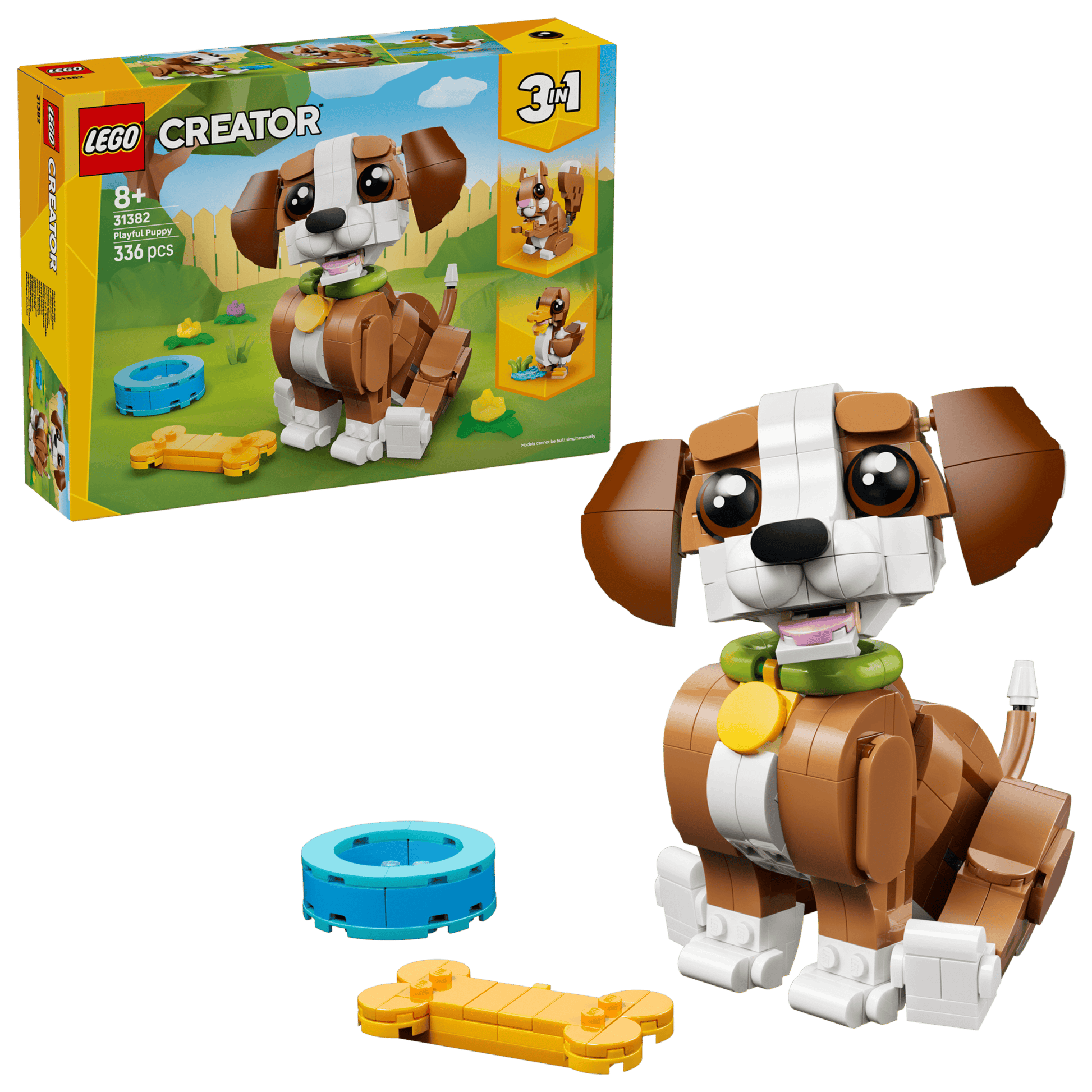The Legos - Toyhouse LEGO® Creator 3-in-1 Cute Animals: Playful Puppy Dog set includes a brown and white dog toy, yellow bone, blue bowl, and packaging that shows alternate build options.