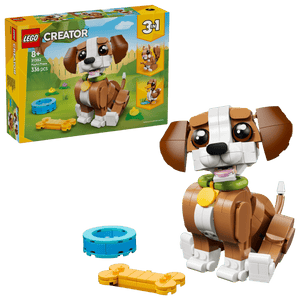 The Legos - Toyhouse LEGO® Creator 3-in-1 Cute Animals: Playful Puppy Dog set includes a brown and white dog toy, yellow bone, blue bowl, and packaging that shows alternate build options.
