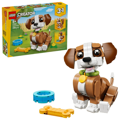 The Legos - Toyhouse LEGO® Creator 3-in-1 Cute Animals: Playful Puppy Dog set includes a brown and white dog toy, yellow bone, blue bowl, and packaging that shows alternate build options.
