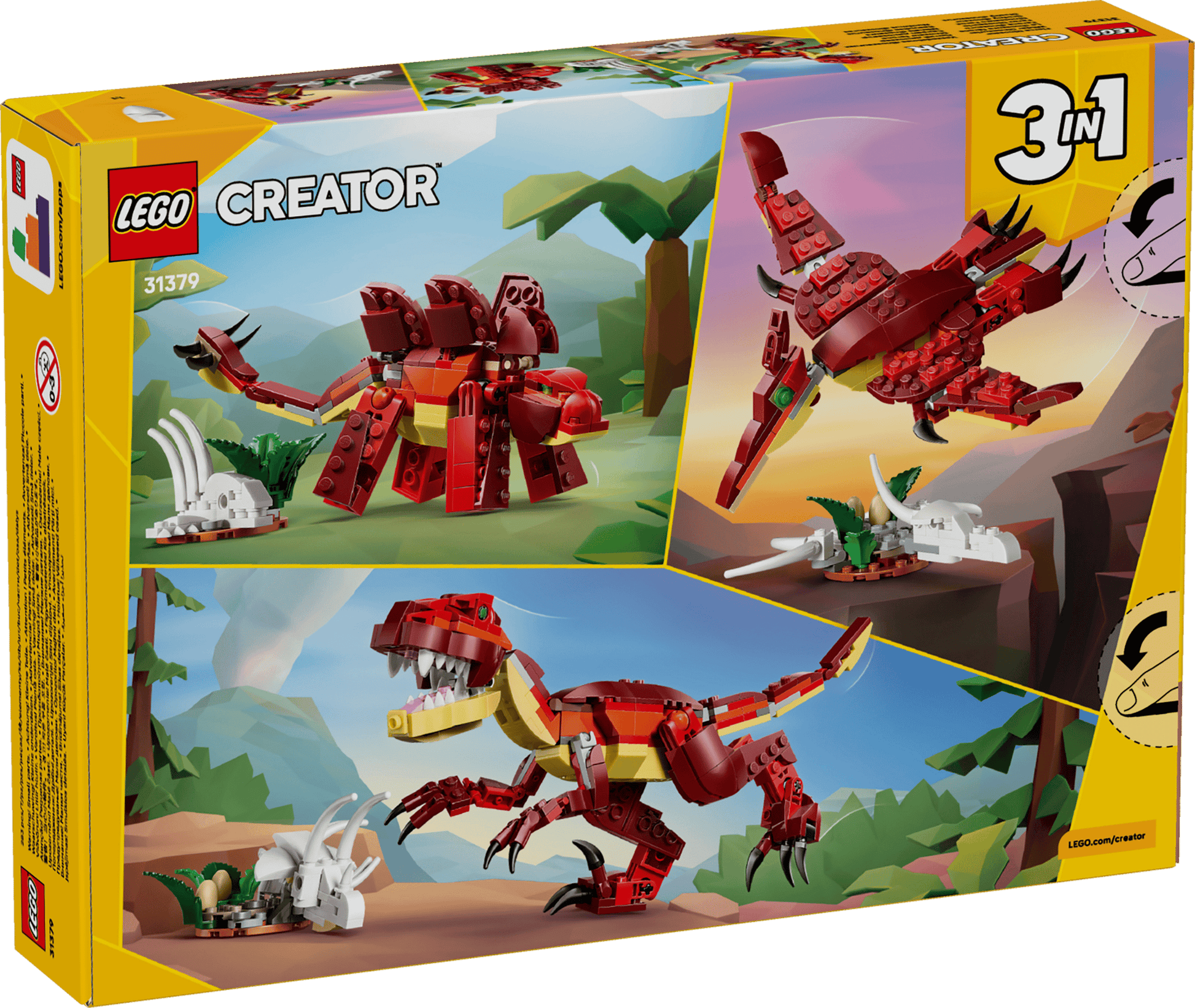 The Legos - Toyhouse LEGO® Creator 3-in-1 Fierce Dinosaur set lets kids build a T-Rex, triceratops-like dinosaur, or a flying pterosaur, with each dinosaur featured against a colorful prehistoric backdrop.