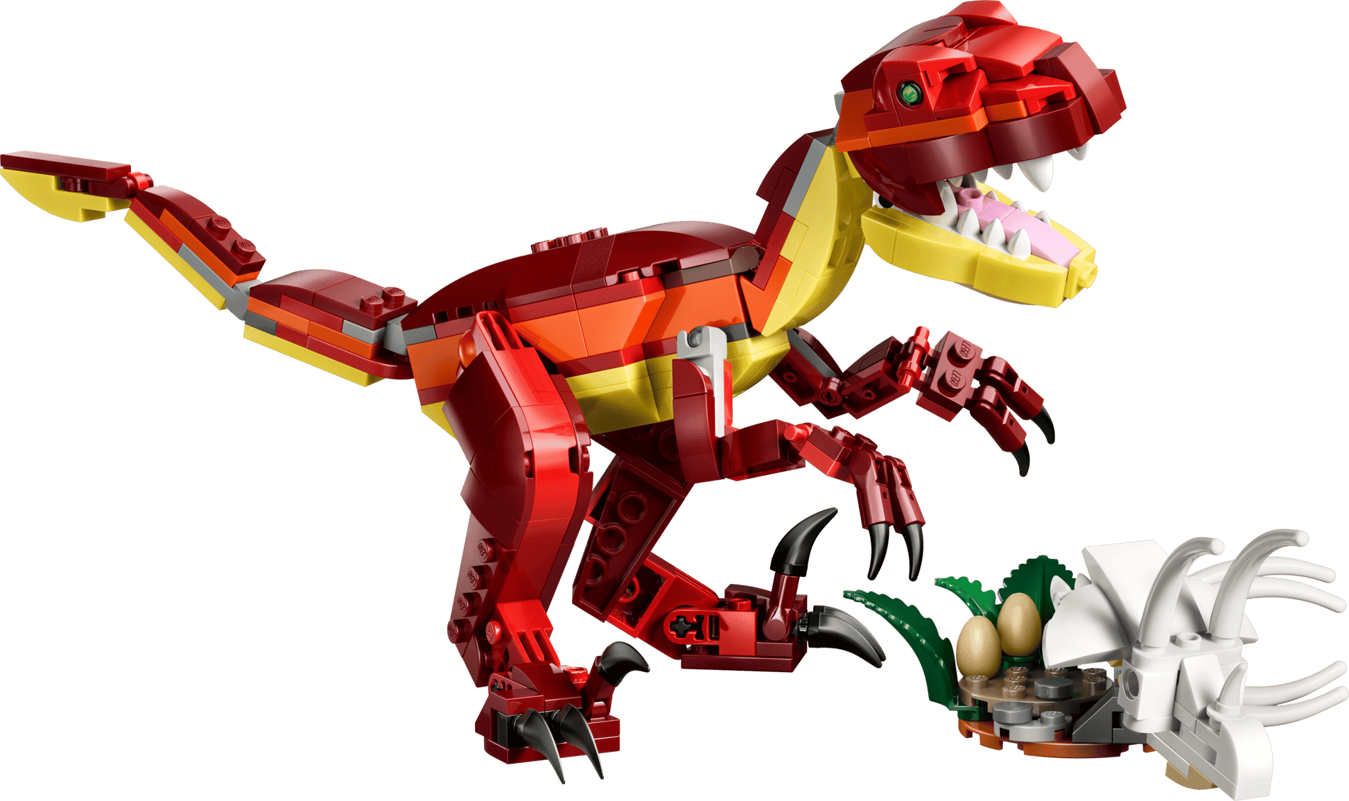 The LEGO® Creator 3-in-1 Fierce Dinosaur by Legos - Toyhouse features a red and yellow dinosaur next to a white nest with two eggs and green leaves for exciting building play.