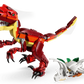 The LEGO® Creator 3-in-1 Fierce Dinosaur by Legos - Toyhouse in red and yellow stands beside a white LEGO skeleton with green leaves against a plain light background.