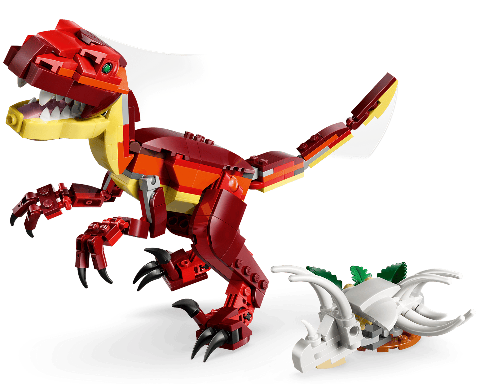 The LEGO® Creator 3-in-1 Fierce Dinosaur by Legos - Toyhouse in red and yellow stands beside a white LEGO skeleton with green leaves against a plain light background.