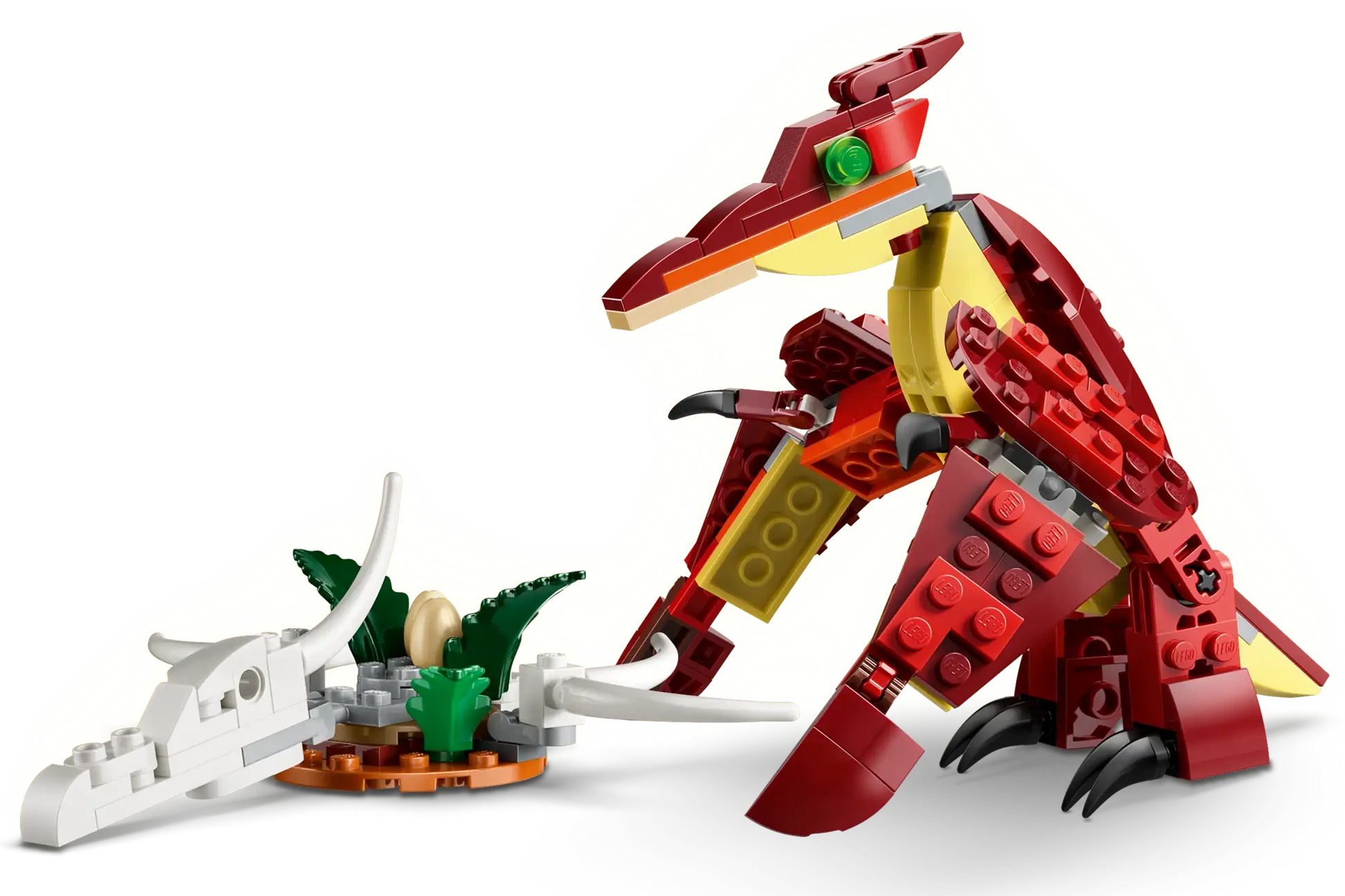 The Legos - Toyhouse LEGO® Creator 3-in-1 Fierce Dinosaur, featuring a red and yellow pterosaur with a white dinosaur skull and green plant on a gray base, makes a fun display for any dinosaur toy collection.