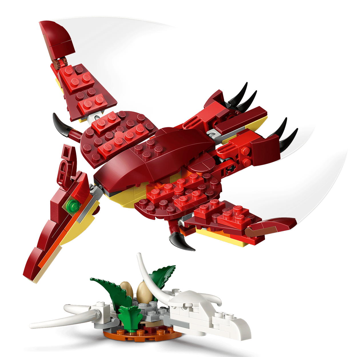 The LEGO® Creator 3-in-1 Fierce Dinosaur by Legos - Toyhouse features a red pterosaur soaring over a base with white bones and two small eggs, making this set perfect for imaginative play.