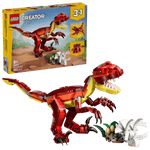 The LEGO® Creator 3-in-1 Fierce Dinosaur by Legos - Toyhouse includes a red T-Rex, dinosaur eggs, and a triceratops skull, with the packaging shown in the background.