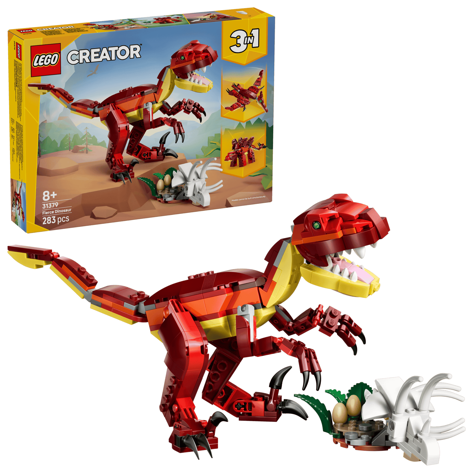 The LEGO® Creator 3-in-1 Fierce Dinosaur by Legos - Toyhouse includes a red T-Rex, dinosaur eggs, and a triceratops skull, with the packaging shown in the background.