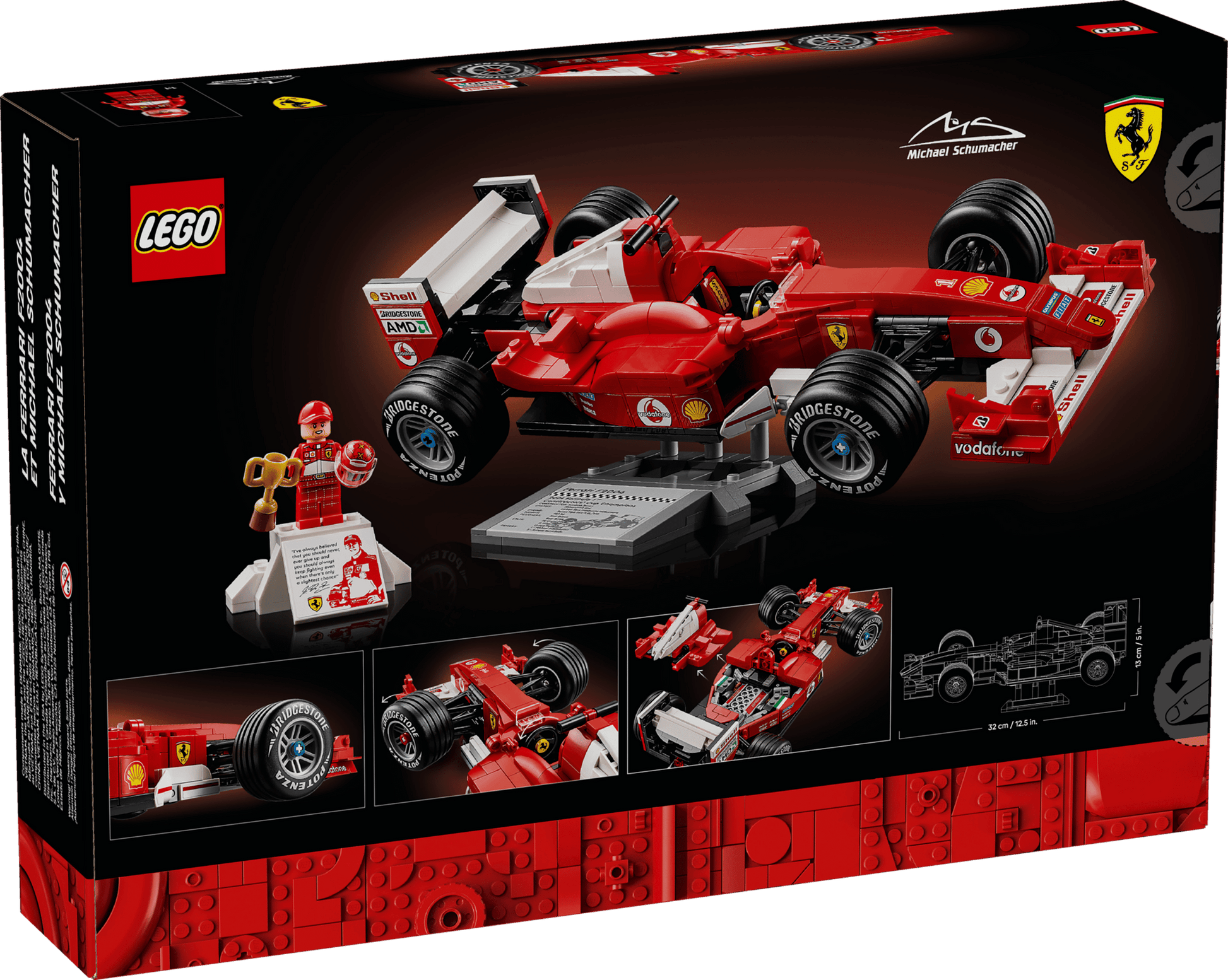 LEGO® Icons Ferrari F2004 & Michael Schumacher set box from Legos - Toyhouse, features a red Formula 1 car, driver minifigure, display stand, and branding with Michael Schumacher’s signature.