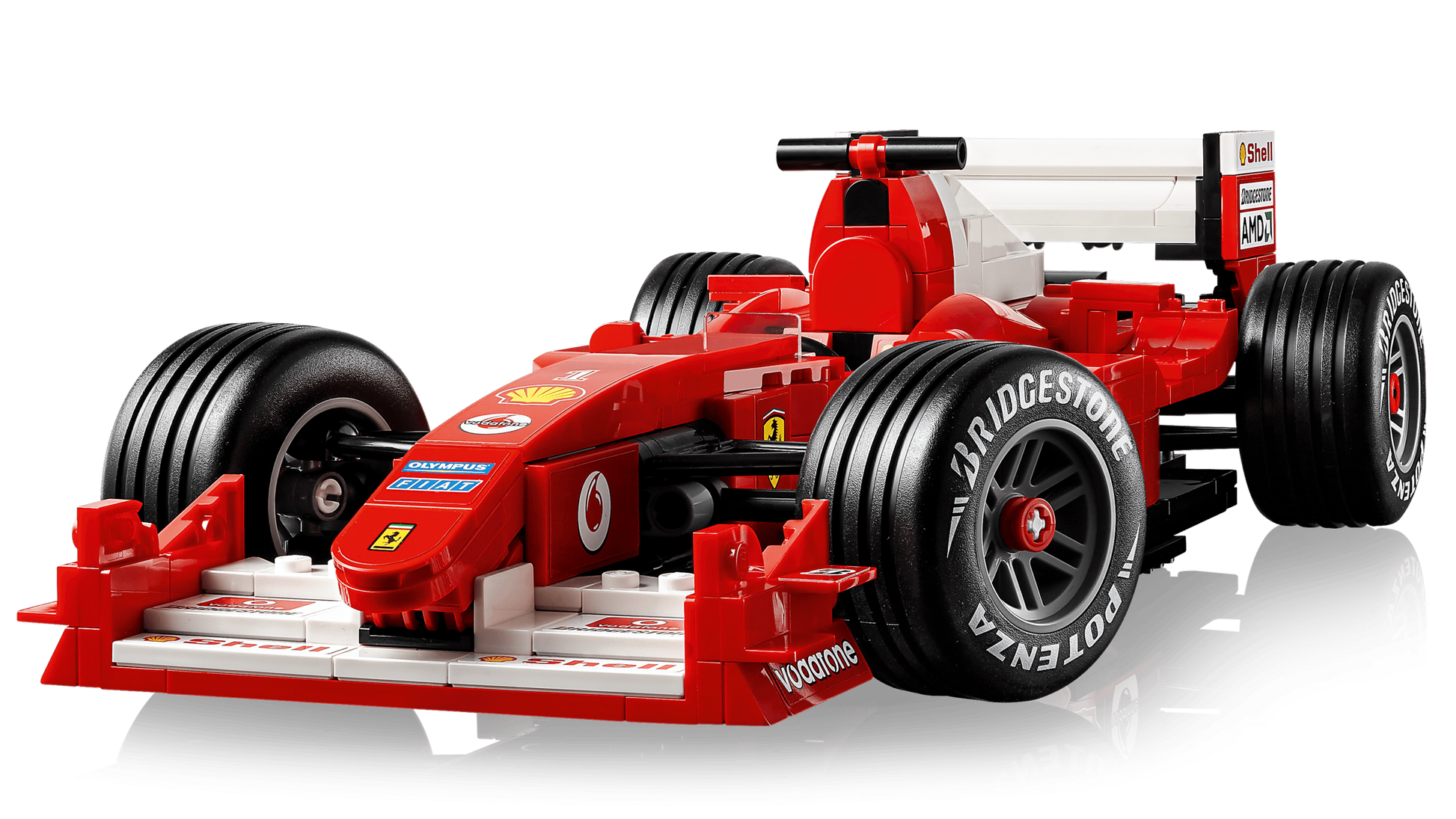 The LEGO® Icons Ferrari F2004 & Michael Schumacher by Legos - Toyhouse is a detailed red Formula 1 race car model with sponsor logos, realistic tires, and aerodynamic elements.