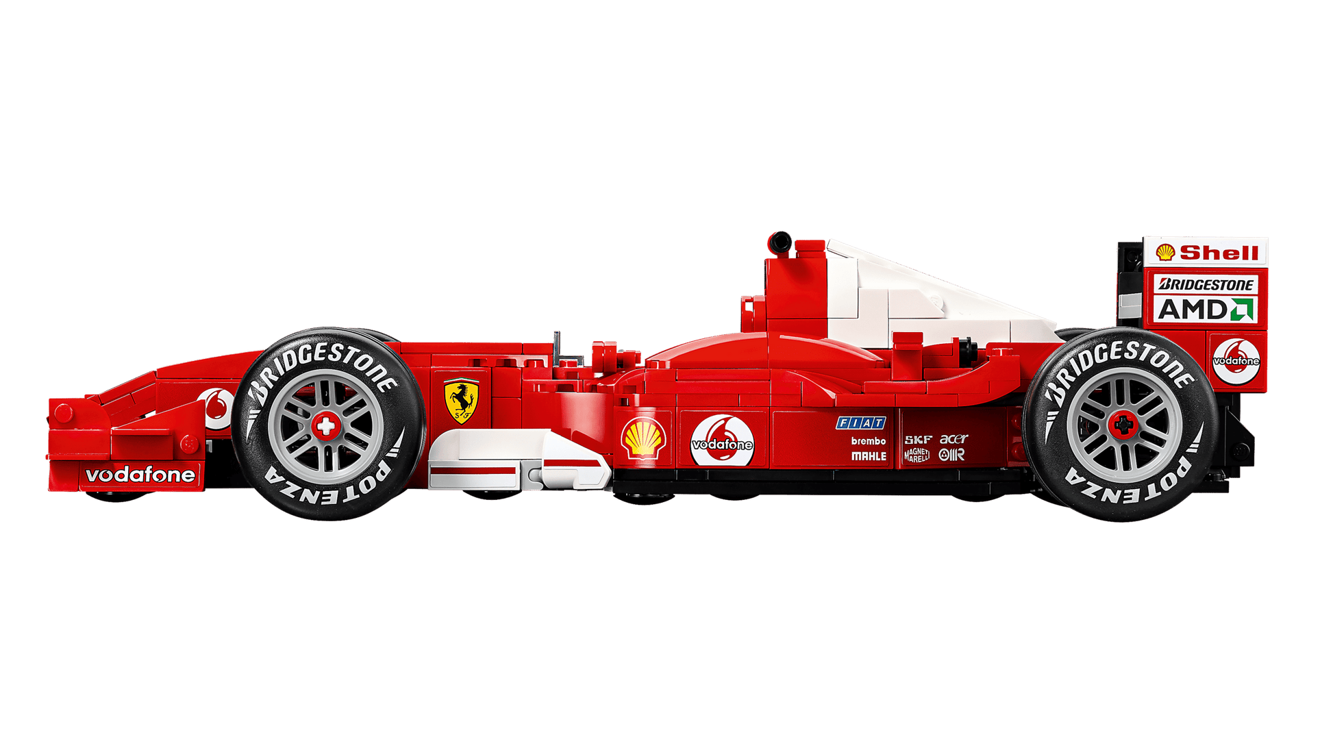 The LEGO® Icons Ferrari F2004 & Michael Schumacher from Legos - Toyhouse is a red Formula 1 model car, displayed side-on against a white background, featuring sponsor logos including Vodafone, Shell, and Bridgestone.