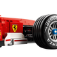 Close-up of the LEGO® Icons Ferrari F2004 & Michael Schumacher by Legos - Toyhouse, featuring the rear wheel with Bridgestone Potenza branding and sponsor logos like Vodafone and Shell.