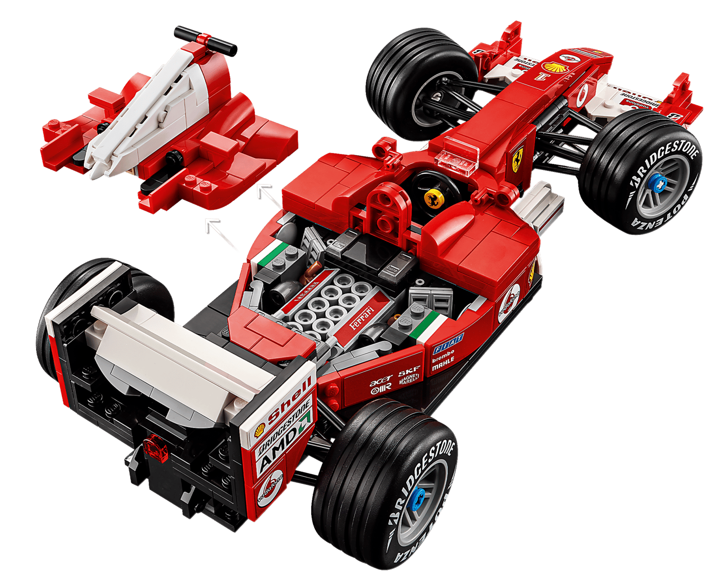 The LEGO® Icons Ferrari F2004 & Michael Schumacher by Legos - Toyhouse features a detailed red Formula 1 race car model with engine parts, racing decals, and removable cockpit components, displayed on a white background.