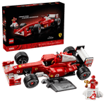 The LEGO® Icons Ferrari F2004 & Michael Schumacher set by Legos - Toyhouse includes the model car, a display plaque, box, and a Michael Schumacher minifigure holding a trophy.