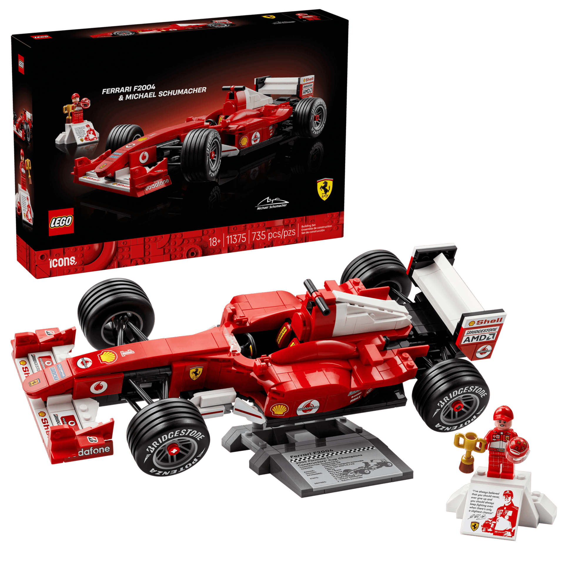 The LEGO® Icons Ferrari F2004 & Michael Schumacher set by Legos - Toyhouse includes the model car, a display plaque, box, and a Michael Schumacher minifigure holding a trophy.