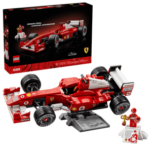 The LEGO® Icons Ferrari F2004 & Michael Schumacher set by Legos - Toyhouse includes the model car, a display plaque, box, and a Michael Schumacher minifigure holding a trophy.