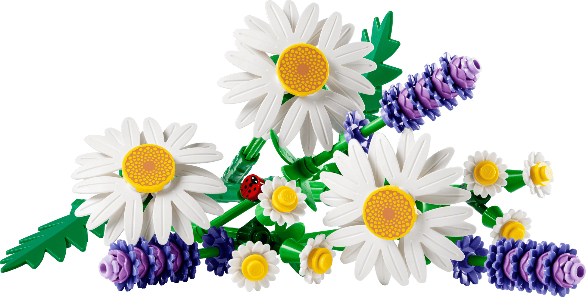 The LEGO® Botanicals Daisies by Legos - Toyhouse features white daisies, yellow flowers, purple lavender, and a red ladybug. This building set makes a perfect flower bouquet for kids.