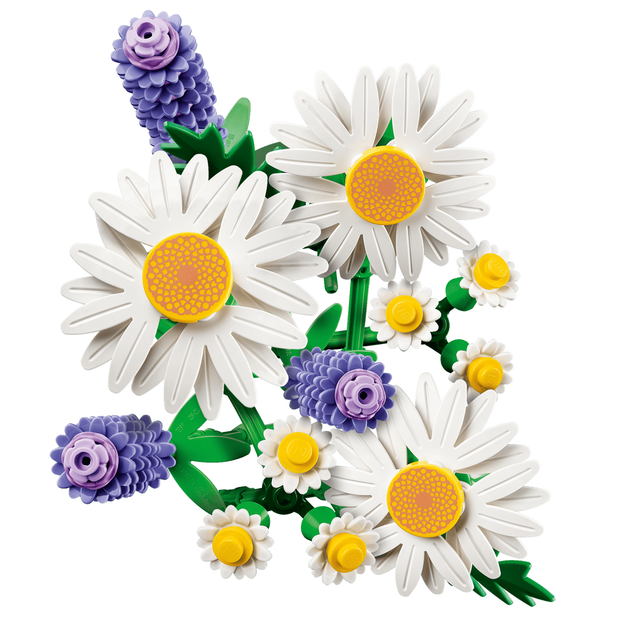 A vibrant display of LEGO® Botanicals Daisies by Legos - Toyhouse, featuring assembled white daisies, yellow blooms, and purple lavender on green stems from the kids' building set.