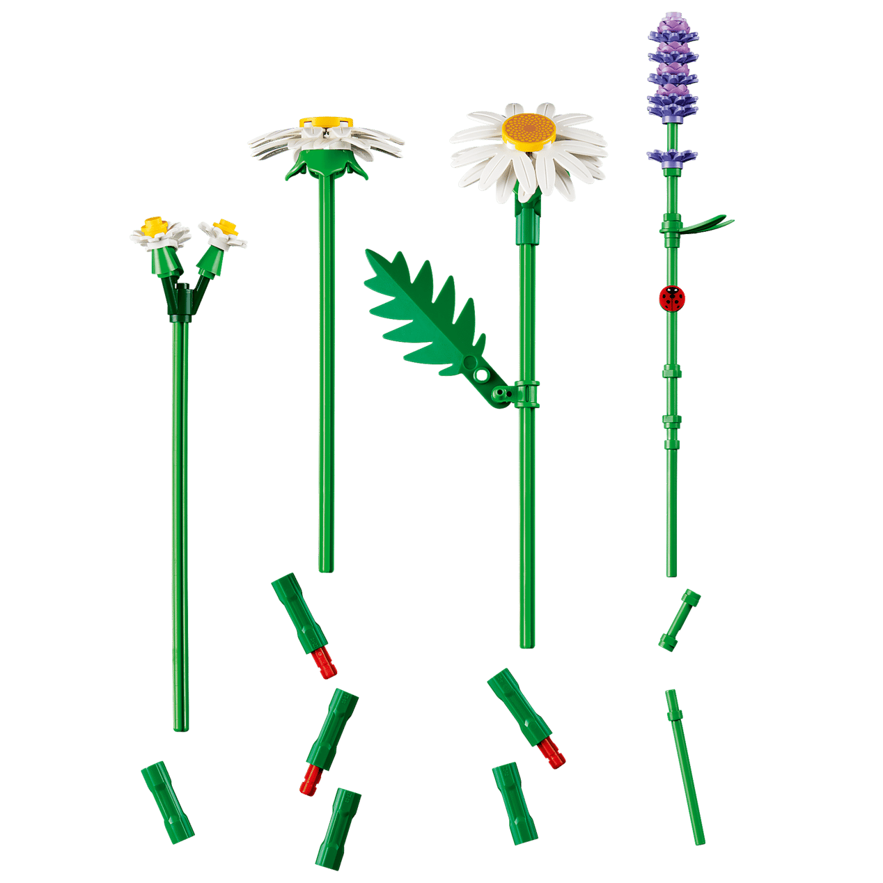 Four LEGO® Botanicals Daisies flower stems by Legos - Toyhouse are shown disassembled with connector pieces below each stem on a white background.