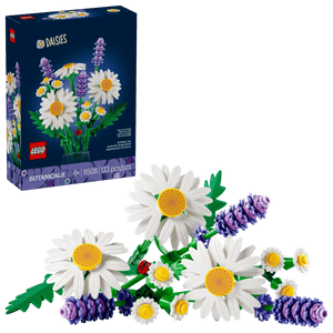 The Legos - Toyhouse LEGO® Botanicals Daisies set includes a buildable bouquet of daisies and lavender—perfect as a decorative flower set for kids or collectors. Shown assembled in front of its packaging.