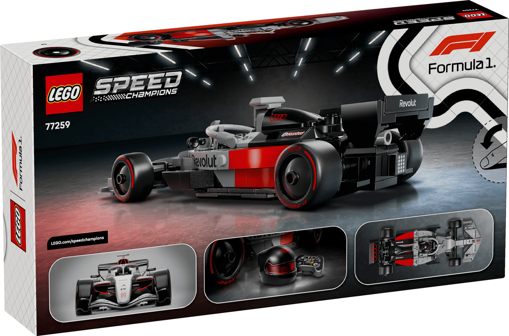 Legos - Toyhouse's LEGO® Speed Champions Audi Revolut F1® Team R26 Race Car box displays the Formula 1 toy model in bold red, black, and white from multiple angles.