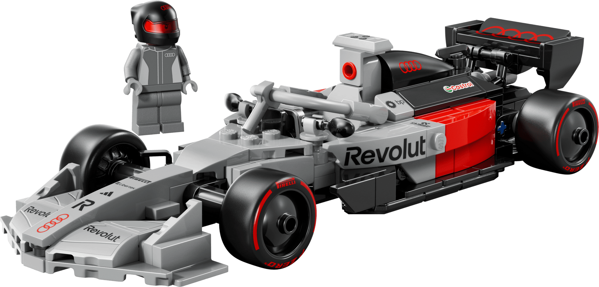 Legos - Toyhouse presents the LEGO® Speed Champions Audi Revolut F1® Team R26 Race Car, featuring authentic branding and a driver minifigure in a black suit and helmet.