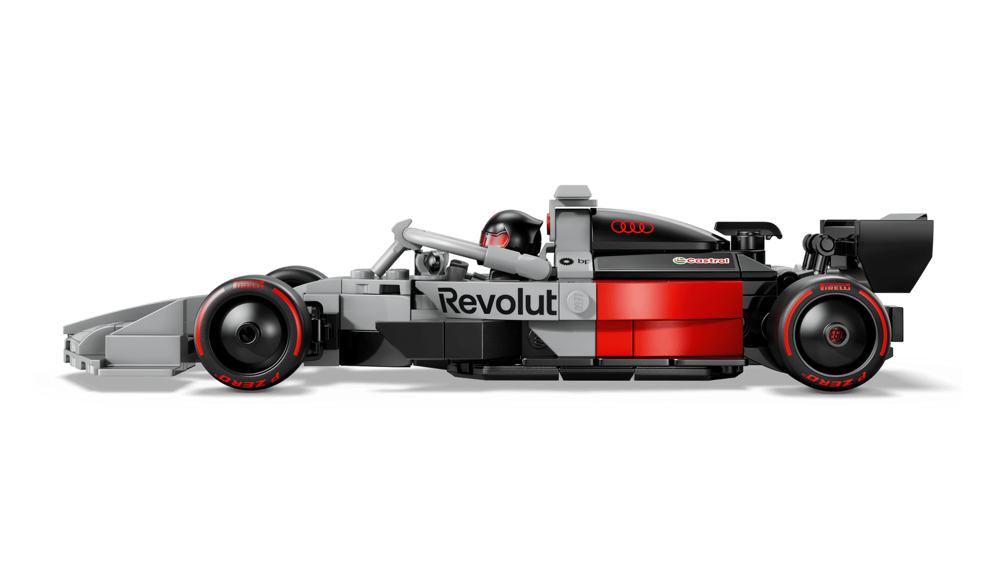The LEGO® Speed Champions Audi Revolut F1® Team R26 Race Car by Legos - Toyhouse features bold red-and-black colors, “Revolut” branding, and a driver minifigure—perfect for Formula 1 fans and collectors.