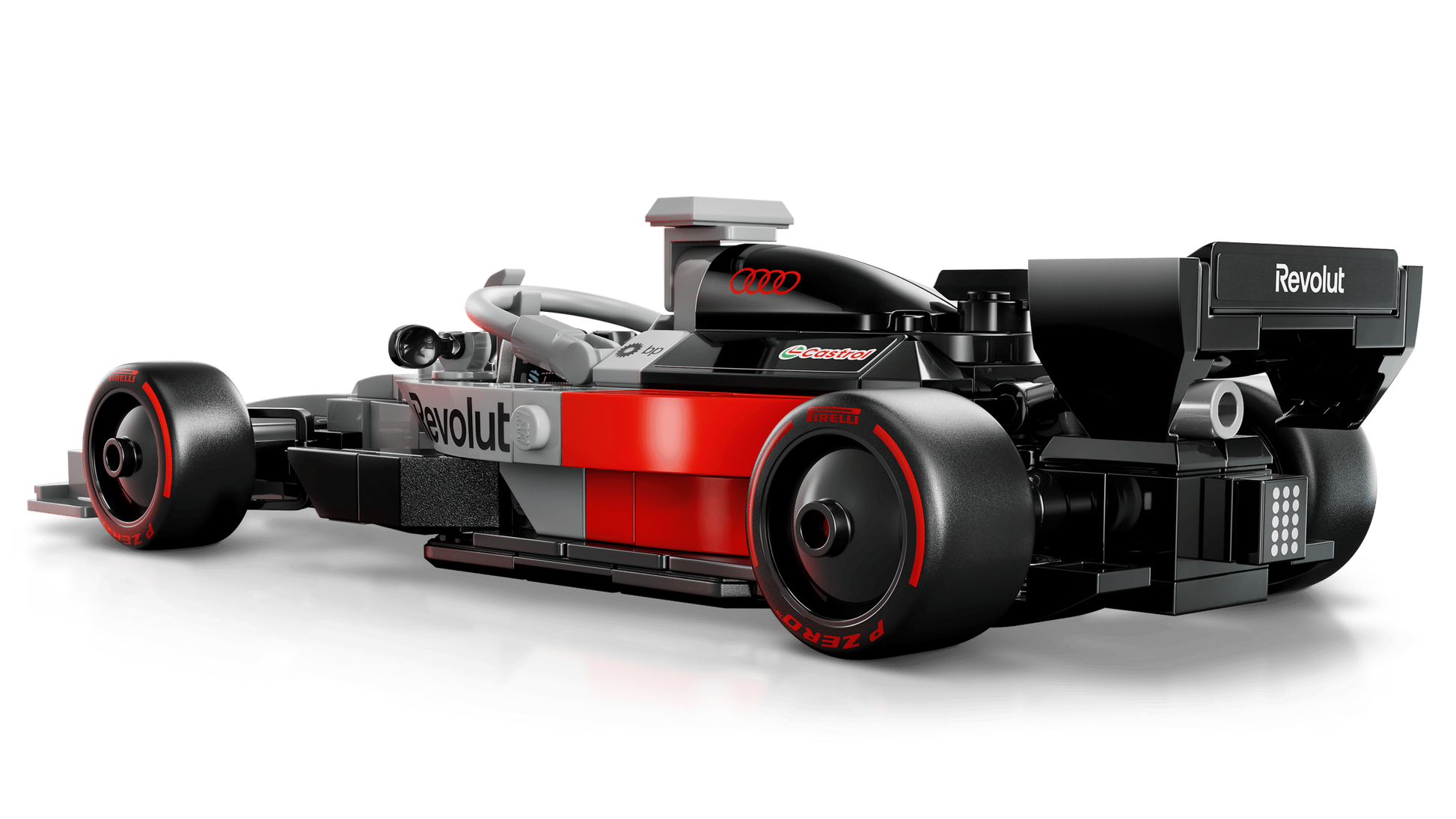The LEGO® Speed Champions Audi Revolut F1® Team R26 Race Car by Legos - Toyhouse features black, red, and gray colors with Revolut and Audi logos—a must-have Formula 1 toy shown from a rear three-quarter angle on a white background.