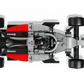 Top-down view of the LEGO® Speed Champions Audi Revolut F1® Team R26 Race Car by Legos - Toyhouse, featuring black, red, and gray colors, sponsor logos, and a driver figure in the cockpit.