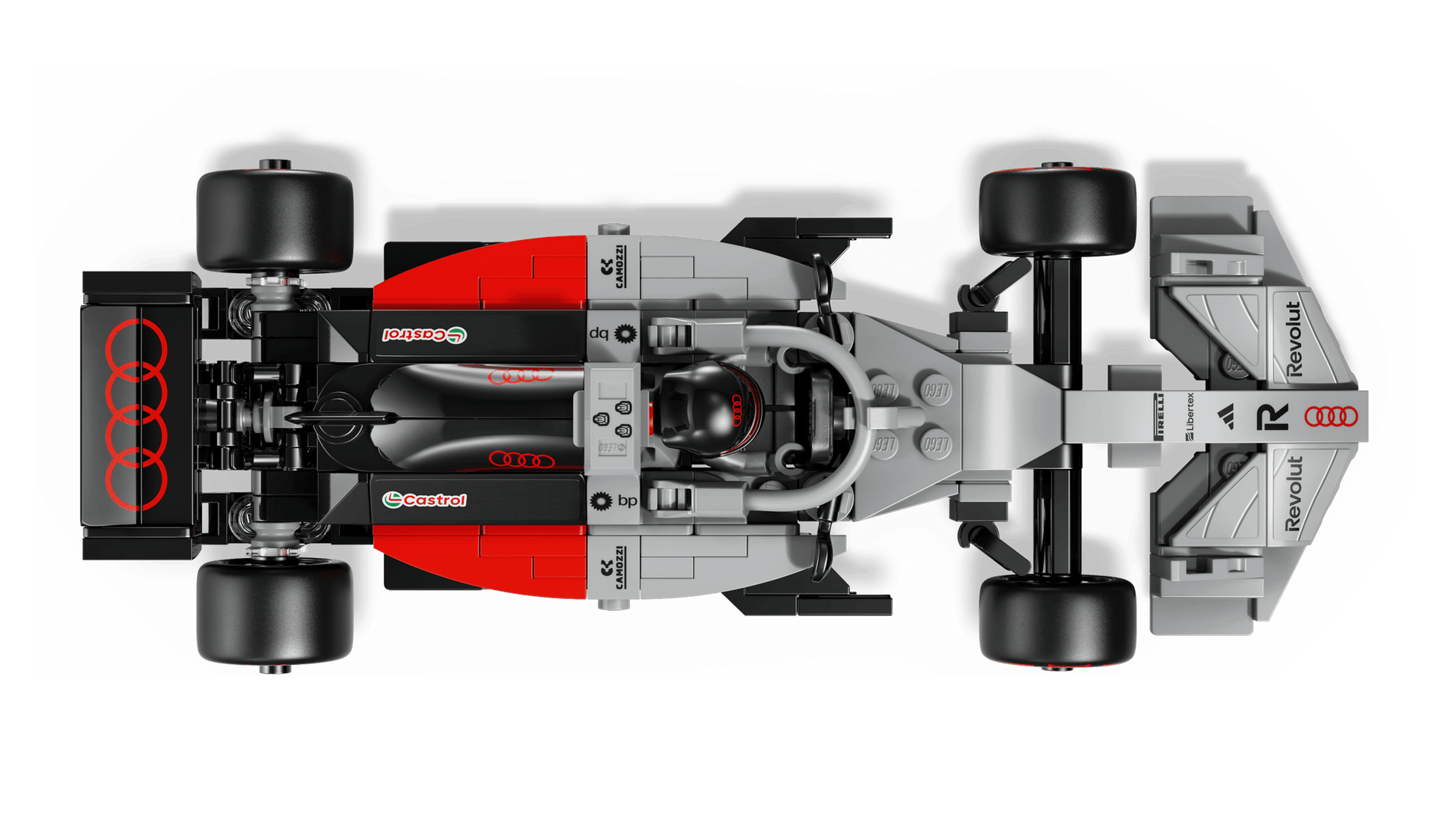 Top-down view of the LEGO® Speed Champions Audi Revolut F1® Team R26 Race Car by Legos - Toyhouse, featuring black, red, and gray colors, sponsor logos, and a driver figure in the cockpit.